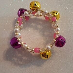 Jingle Bell Yellow Gold Fushia Pink Memory Wire Unisex Bracelet NEW